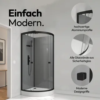 Dusche Komplett Marwell Komplettdusche Grey Style Round 215x90x90cm - Fertigdusche mit 5mm gehärtetem Glas - mit Regal Ablagefläche für Duschutensilien - Grau