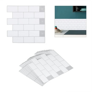Relaxdays Fliesenaufkleber, 10er Set, selbstklebend, Küche & Badezimmer, 30,5 x 30,5 cm, 3D, Subway Klebefliesen, weiß