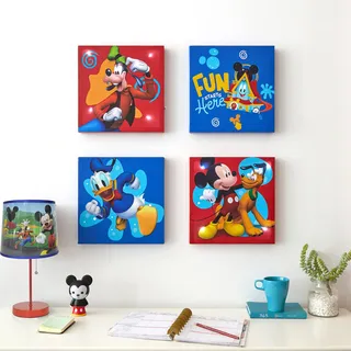 Idea Nuova Disney Mickey Mouse 4er-Pack Leinwand-LED-Wandkunst-Set, Kinder-Wanddekoration, jedes Stück 27,9 x 27,9 cm
