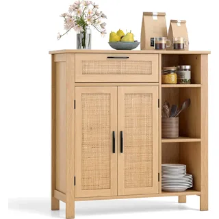 COSTWAY Sideboard Holz, Buffetschrank mit Rattangeflecht-Türen, Schubladen & Offene Fächer, Küchenschrank 75 x 30 x 80 cm, Küchenbuffet - Naturbelassen