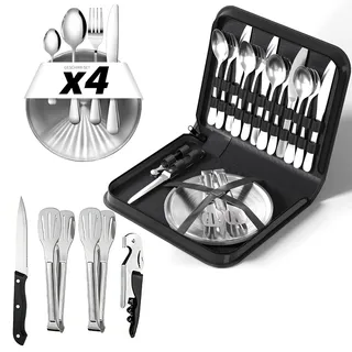 Camping Geschirr 4 Persoen Set, Camping Besteck mit Edelstahl Gabeln, Messer und Löffel, Inklusive Bestecktasche, Tragbares Besteck für Outdoor, Picknick und Grillen