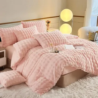 YASMENG Plüsch Bettwäsche 220x240 Winter Warm Rosa Plüsch Langhaar Bettwäsche Winter Samt Super Weich Kuschelig Flauschige Bettwäsche Plüsch 3 Teilig mit Reißverschluss und 2 Kissenbezüge 80x80 cm