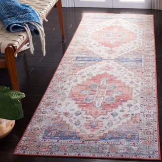 SAFAVIEH Traditionell Teppich für Maschinenwaschbar und rutschfest - Ideal für stark frequentierte Bereiche - Tucson Collection, Kurzer Flor, Blau und Beige, 62 X 240 cm