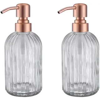 Leetcp Kupferglas-Seifenspender mit rostfreier Metallpumpe, 473 ml, Vintage-Seifenspender, Klarglas-Spülseifenspender für Badezimmer, Kupfer-Küchenhandseifenspender, 2 Packungen, 39+17CP-2