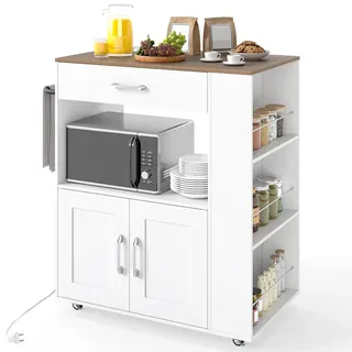 FANTASK Mobiler Küchenwagen auf Rollen mit USB-Ladestation, Servierwagen mit Arbeitsplatte, Schublade, Handtuchhalter & 3 Gewürzregalen, für Küche Esszimmer Wohnzimmer, 75x46x90,5 cm (Weiß)