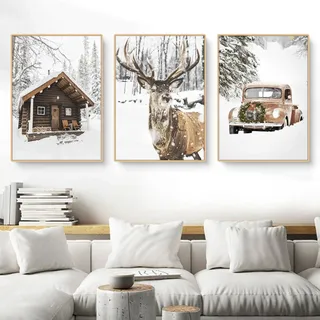 CULASIGN 3er Premium Poster Set, Modern Winter Bilder, Wandbilder Wanddeko für Wohnzimmer Schlafzimmer, Winterlandschaft Bilderset Elch, Holzhaus,Auto, Eichhörnchen,Wald - Ohne Rahmen (ABC,40x50cm)
