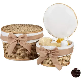 Relaxdays Badkörbchen Aufbewahrung Korbset mit Deckel 2er Set rund 30 x 30 x 15 cm braun