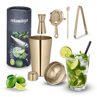 Relaxdays Cocktail Shaker Set, Edelstahl, 5-teiliges Bar Kit, 500 ml, Bar Zubehör für Zuhause, Cocktailmixset, Gold