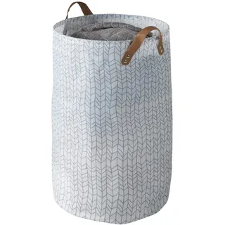 WENKO Wäschesammler Geo, geräumiger Wäschekorb aus hochwertigem Polyester, platzsparend zusammenfaltbar, mit 2 Kunstledergriffen, 75 Liter Fassungsvermögen, Ø 40 x 60 cm, Weiß Gemustert