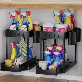 AIXPI Küchen Organizer 2 Etagen, Unter Waschbecken Regal mit Haken und Tasse Gewürzregal Spülschrank Organizer Küchenregal Schrank Organizer für Badezimmer Küche Schwarz 2 Set