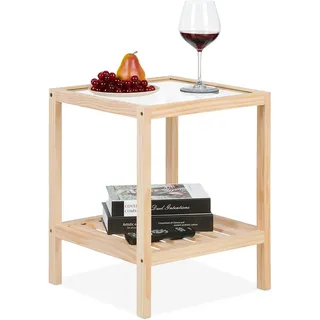 Relaxdays Beistelltisch, Wohnzimmertisch mit Glasplatte, Holz, HxBxT: 50 x 40 x 40 cm, quadratischer Ablagetisch, Natur