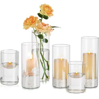 Kerzengläser Glaszylinder für Kerzen Windlicht Glas: Hewory 6er Set Kerzenglas Gross Windlichter Glasvase Zylinder für Tischdeko Vasen Hochzeit Weihnachten - Glaszylinder mit Boden Gläser für Kerzen