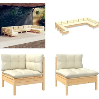 vidaXL 10 tlg. Garten Lounge Set mit Creme Kissen Massivholz Kiefer - Garten-Lounge-Set - Garten-Lounge-Sets - Gartenmöbel-Set - Gartenmöbel-Sets - Creme