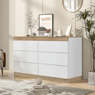 MODFU Kommode Sideboard mit 6 Schubladen, Schrank Buffet für Wohnzimmer, Schlafzimmer, Kinderzimmer, Jugendzimmer und Büro, E1-Spanplatte, weiß+oak - Weiß