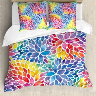 ABAKUHAUS Bunt Bettbezug, Regenbogen farbige Blätter, Milbensicher Allergiker geeignet mit Kissenbezügen, 155 cm x 220 cm - 80 x 80 cm, Mehrfarbig - Bunt