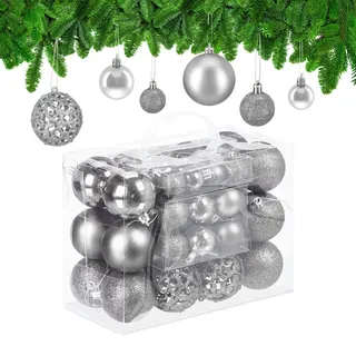 Relaxdays Weihnachtskugeln 50er Set, glitzernde, Matte & glänzende Christbaumkugeln, Kunststoff, ∅ 3, 4 & 6 cm, Silber