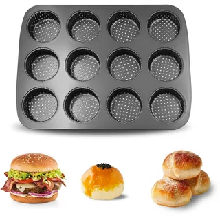 Gurlideo Mini Burger Brotblech, 12 Formen, Kohlenstoffstahl, mit Antihaftbeschichtung, Hamburgerbrötchenform für hausgemachte Burger, Brot, Brötchen, Windbeutel, Törtchen
