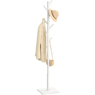 Yawinhe Garderobenständer, Kleiderständer aus Massivholz,Garderobe in Baumform mit Anti-Rutsch-Pad,180cm Höhe,Mit 8-Haken und 3-verstellbaren Höhen,für Eingänge,Wohnzimmer,Weiß,1 Pack