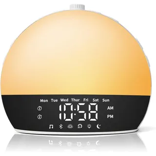Risop Tageslichtwecker mit Weißes Rauschen, Wake Up Light Lichtwecker mit Sonnenaufgangs-Simulation,3 Arten von Weckton & 25 Naturklänge Dual Alarm, Nachttischlampe für Tiefschläfer Erwachsene