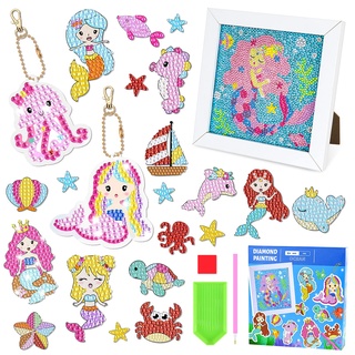 SelfTek Diamond Painting Kinder Set, Enthalten 21 Stück Diamond Painting Sticker, 2 Stück Diamond Painting Schlüsselanhänger, 1 Stück Diamant Painting Bilder, Ideal für Kindergeschenk(Mermaid)