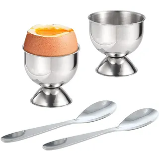 Eierbecher Set, 2-Teilige Eierbecher Edelstahl Mit 2-Teiligen Eierlöffeln Eierbecher Metall Ostern Eierbecher Ständer für Weich Gekochte Eier