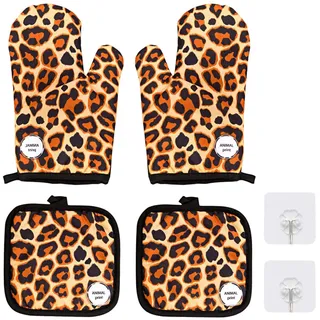 Backhandschuhe Lustig Doppelt Dicke Baumwolle Pizza Backhandschuhe Ofenhandschuhe Leopardenmuster Backhandschuhe Topflappen mit Haken 4 Stück