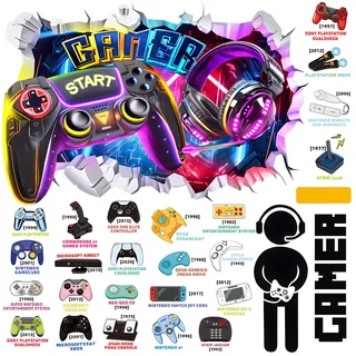 SneiDr Wandtattoo Gamer Set Gaming Zimmer Wandsticker mit Spielkonsole und Gaming Controller Motiven lnklusive 3D Spielekonsole Effekt für Kinderzimmer Jugendzimmer Schlafzimmer Spielzimmer Wanddeko
