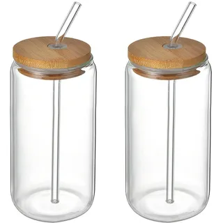 Julyue Bierdosen-Glas mit Bambusdeckel und Strohhalm, 580 ml, wiederverwendbare Glasbecher, Cola-Dose, Glas für Smoothies, Tee, Cola, Saft, Limo, 2 Stück