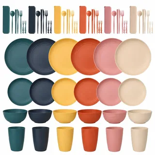 66-teiliges Camping Geschirr Set für 6 Personen, BPA-frei, Macaron-Mix