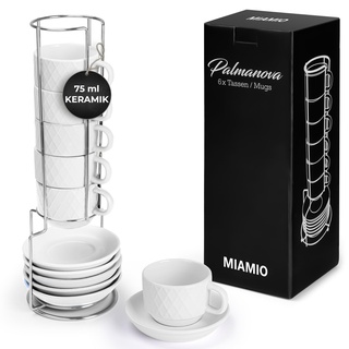 MIAMIO – 6 x 75 ml Espresso Tassen/Espressotassen Set mit Ständer Steingut Keramik - Palmanova Kollektion (White)