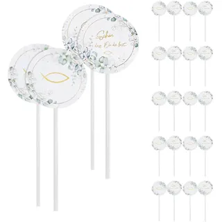 ZORVUJI 24 Stück Kommunion Cake Topper Fisch Design, Tortendeko für Taufe Konfirmation, Cupcake Tortenstecker mit Holzstäbchen, Dessertdeko für religiöse Feste