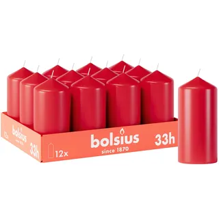 Bolsius Glatte Stumpenkerzen - Rot - 12 Stück - 12 x 6 cm - Dekorative Haushaltkerzen - Brenndauer 33 Stunden - Unparfümierte - Enthält Natürliches Pflanzenwachs - Ohne Palmöl - Weihnachtsdeko