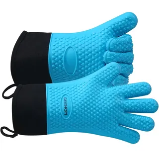 GEEKHOM Silikon Ofenhandschuhe Hitzebeständig Topfhandschuhe BBQ Handschuhe Wasserdicht Küchenhandschuhe für Backofen Grillen Mikrowelle, rutschfeste Backhandschuhe Mit Fingern, Blau, M