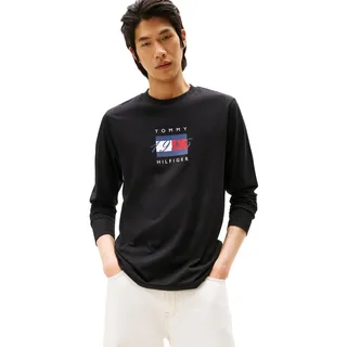Tommy Hilfiger Herren Langarmshirt Linear Flag Graphic Regular Fit, Schwarz (Black), XS