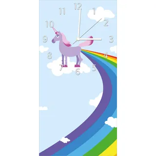 Wallario Design Wanduhr Einhorn mit Regenbogen aus dem Hintern aus Echtglas, Größe 30 x 60 cm - Blau