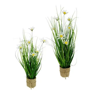 Flair Flower Künstlicher Grasbusch mit Margeriten im Jute-Topf Blumen Blüten Gras Bund stehend Stehgras Grasbündel Kunstpflanze Dekogras Kunstgras Pflanze Ziergras Grasbüschel Deko Grasarrangement Gräser künstlich