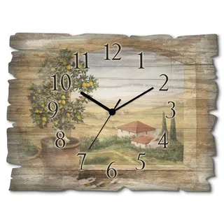ARTLAND Wanddeko Wanduhr ohne Tickgeräusche aus Holz Quarz Uhr lautlos Rechteckig 40x30 cm Tontopf Baum Zitronen Fenster Landschaft Toskana Italien Rustikal Vintage T5ZG