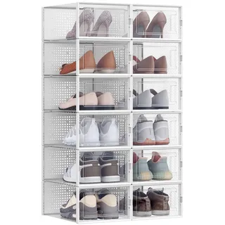 Boxxx Schuhbox , Weiß, Transparent , Kunststoff , 12 Fächer , 33.5x14.3x23.2 cm , faltbar, stapelbar, mit Türen , Ordnen & Aufbewahren, Kleideraufbewahrung, Kleidersäcke & Vakuumbeutel