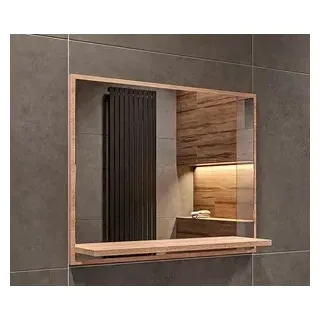Badspiegel mit Ablage Sonoma - H:50 x B: 60 cm - Bathroom Mirror - Moderner Badezimmer Spiegel Rechteckig - Wandspiegel mit Regal - Beige