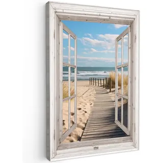MuchoWow Leinwandbild Fenster - Meer - Küste - Natur - Ausblick - Strand - Wattenmeer Deko Groß 90x140 cm , Beige , Textil , Kiefer , Rechteckig , 90x140 cm , FSC 100% , gerahmt , Bilder & Rahmen, Bilder, Leinwandbilder