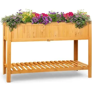 blumfeldt Altiplano Cubic Hochbeet - 150 x 100 x 50 cm (BxHxT) , solides Kiefern-Holz , große Anbaufläche , inkl. Gartenvlies , ErgoGrow Concept , integrierte Ablagefläche , einfache Montage , Holz - Braun