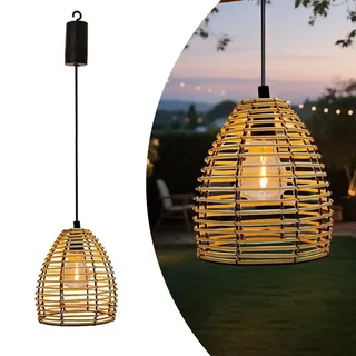 WRQIOO Rattan Hängelampe Batterie, Hängeleuchte Akku mit Timer, Wasserdicht Pendelleuchte Batteriebetrieben für Außen Und Innen, Warm Weiß Boho Lampe Outdoor für Garten Balkon