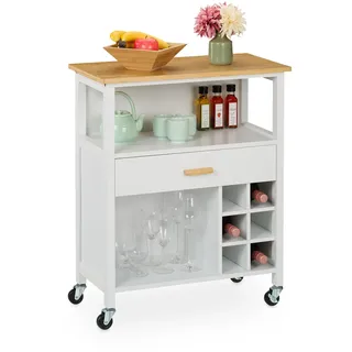 Relaxdays Küchenwagen, Weinregal für 6 Flaschen, Schublade, 2 Fächer, 80x65x35 cm, Bambus Arbeitsplatte, MDF, weiß/Natur