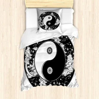 ABAKUHAUS Ying Yang Bettbezug Set, Sterne Und Mond Asiatischen Mystischen Design Sternenhimmel Himmel Bild Druck, 135 x 200 cm + 80 x 80 cm, Schwarz und weiß