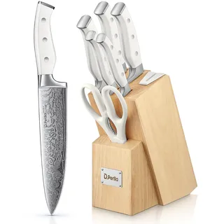 D.Perlla Messerblock mit Messerset, 7-TLG Selbstschärfender Messerblock, Scharf Edelstahl Messerset Set mit Kunststoff-Griff und Holzblock, Profi Küchenmesserset, Weiß