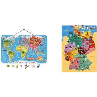 Janod Puzzle Weltkarte - Magnetische Landkarte aus Holz, 92 Teile - 70 x 43 cm & Deutschlandkarte, 79 Teile - Entdecken und Merken für Kinder