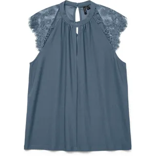Vero Moda Spitzentop VERO MODA "VMMILLA SL LACE TEE", Damen, Gr. S, blau (china blau), Jersey, Obermaterial: 95% Polyester, 5% Elasthan, unifarben, normal, Rundhals, Tops Spitzentop