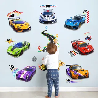 Tanlaby Rennwagen Wandtattoo mit Rennstrecke - 7 Auto Wandsticker Rennauto Wandaufkleber für Kinderzimmer Jungen, Jugendzimmer Wohnzimmer Schlafzimmer Wanddekoration