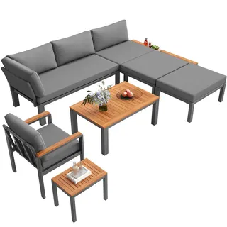 Okwish Gartenlounge 150/76/65 cm grau aus Akazienholz und Eisen modular mit Tischen , Grau , Metall , Gartenmöbel, Gartengarnituren, Gartenmöbel-Sets
