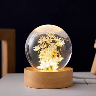 MARZIUS Blumen-Kristallkugel-Nachtlicht, 6 cm Glaskugel-Nachtlampe mit Holzsockel, Dekorationen, Geschenke für Männer, Frauen, Kinder, Jungen, Mädchen, Teenager (Gelbe Chrysantheme)